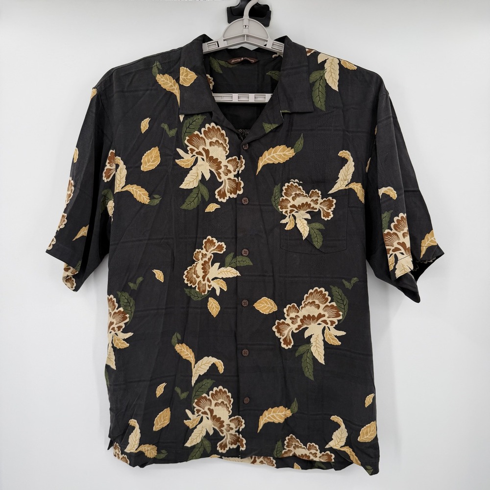 Tommy Bahama Mens Large Black Silk Floral Jacquard Short Sleeve Camp Shirt 2265